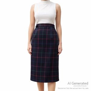 Vintage Wool Tartan Pencil Skirt Women’s M/L Navy Plaid Lined